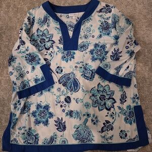 Fashion Bug Blue and White Floral Cotton Blouse Side Slits 1X